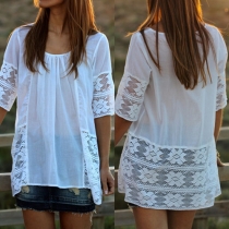 Casual Style Lace Chiffon Splicing Round Neck Half Sleeve Tops