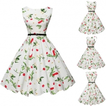 Fashion Round Neck Floral Printed Sleeveless Pleated Dress