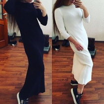 Casual Round Neck Long Sleeves Solid Color Maxi Dress