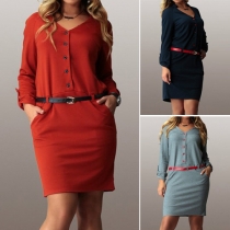 Fashion Oversized Contrast Color Buttons V-neck Long Sleeve Dress with Waist Strap