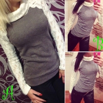Fashion Contrast Color Turtleneck Long Sleeve Houndstooth/Gray Tops