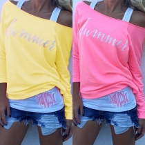 Casual Style Letters Printed Cold Shoulder Long Sleeve T-shirt