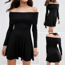 Sexy Solid Color Off Shoulder Long Sleeve Gathered Waist Dress