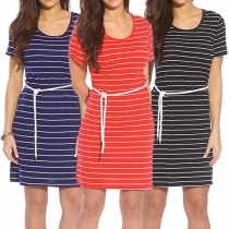 Fashion Round Neck Short Sleeve Striped Dress