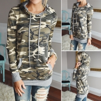Trendy Hooded Long Sleeve Front Pocket Camouflage Sweatshirt For Women