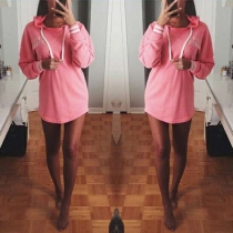 Casual Style Solid Color Round Neck Hooded Long Sleeve Dress