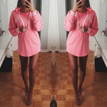 Casual Style Solid Color Round Neck Hooded Long Sleeve Dress