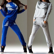 Fashion Wings Printed Round Neck Long Sleeve Sports Suit