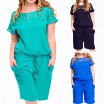 Fashion Solid Color Lace Spliced Round Neck Short Sleeve Drawstring Waist Romper