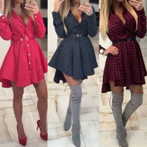 Sexy Dots/Lattice Printed Lapel Long Sleeve Single-breasted High-low Hemline Blouse Dress