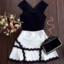 Sexy Contrast Color Lace Spliced V-neck Sleeveless Gathered Waist Dress