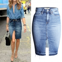 Stylish 2-side Pockets Front Slit High Waist Skinny Bust Denim Skirt