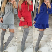 Fashion Solid Color Front Knotted Long Sleeve Ruffle Hemline Dress
