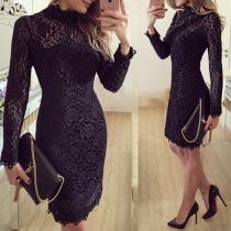 Sexy Solid Color Round Neck Long Sleeve Hollow Out Lace Dress