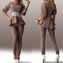 Trendy Lace Spliced 3/4 Sleeve Peplum Tops and Pants Two-piece Set