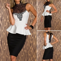 Sexy Contrast Color Lace Spliced Sleeveless Backless Slim Fit Peplum Dress