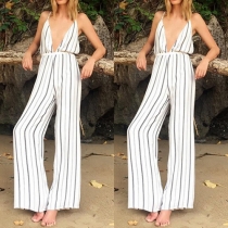 Sexy Striped Deep V-neck Backless Sleeveless Sling Jumpsuit