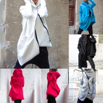 Trendy Solid Color Long Sleeve Hooded Oblique Zipper Side Pocket Irregular Coat