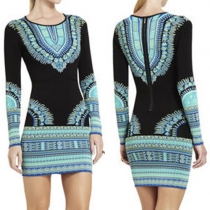 Retro Style Round Neck Long Sleeve Printed Dress
