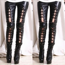 Punk Style Solid Color Lace-up Hollow Out Skinny Pants For Women