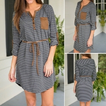 Casual Style Contrast Color V-neck Button-tab Sleeve Striped Dress with Waist Strap