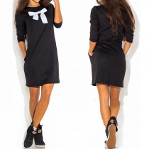 Casual Style 2 Side Pockets Round Neck Long Sleeve Bowknot Relaxed Dress