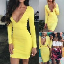 Sexy Solid Color Deep V-neck Long Sleeve Bodycon Dress