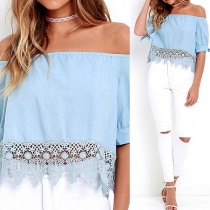 Sexy Solid Color Lace Spliced Off Shoulder Half Sleeve Chiffon Tops