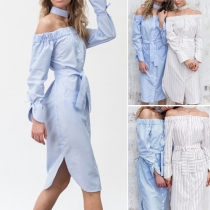 Fashion Choker Neckline Off Shoulder Single-breasted Long Sleeve Slit Hem Striped Dress