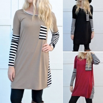Casual Style Striped Spliced Round Neck Long Sleeve Pocket Dress