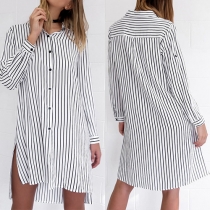 Fashion Single-breasted Lapel Long Sleeve Slit Hem Striped Blouse Dress