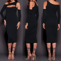 Sexy Solid Color Oblique Shoulder Hollow Out Long Sleeve Bodycon Dress