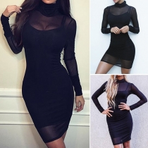 Sexy Gauze Spliced Turtleneck Long Sleeve See-through Dress