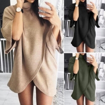 Sexy Solid Color Mock Neck Bat Sleeve Irregular Hemline Relaxed Dress