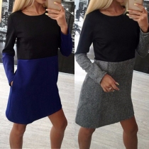 Fashion Contrast Color 2 Side Pocket Round Neck Long Sleeve Dress