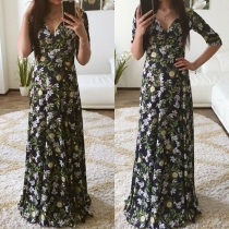 Elegant Floral Printed V-neck Half Sleeve Gathered Waist Maxi Dress