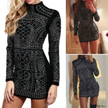 Sexy Hotfix Rhinestone Round Neck Long Sleeve Slim Fit Dress