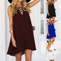 Sexy Solid Color Front Criss Cross Deep V-neck Sleeveless Chiffon Dress