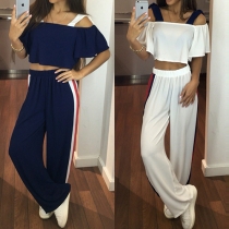 Sexy Contrast Color Cold Shoulder Crop Tops and Pants Two-piece Set