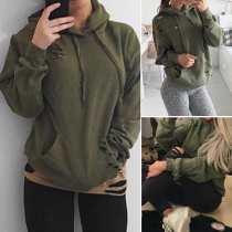 Fashion Solid Color Front Pocket Hooded Long Sleeve Sweatshirt with Holes