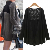 Stylish Lace Spliced Long Sleeve Pleated Knit Cardigan For Women