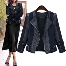 Fashion Lapel Long Sleeve Oblique Zipper PU Leather Jacket For Women