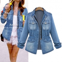 Street Chic Lapel Long Sleeve Slim Fit Denim Coat For Women