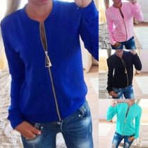 Trendy Solid Color Front Zipper Long Sleeve Women's Coat