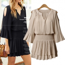 Sexy Solid Color V-neck Cold Shoulder Bell Sleeve Elastic Waist Two-layer Chiffon Dress