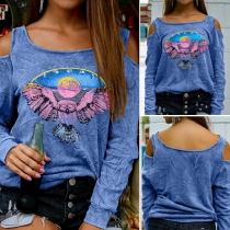 Sexy Printed Cold Shoulder Round Neck Long Sleeve Tops