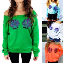 Sexy Boat Neck Long Sleeve Cameo Shell Printed Sweatshirt For Women