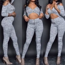 Sexy Front Zipper Cold Shoulder 3/4 Sleeve Crop Tops and Pants Two-piece Set