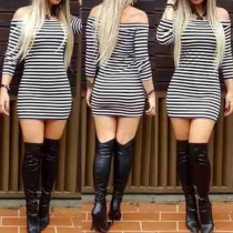 Sexy Bracelet Sleeve Off Shoulder Striped Bodycon Dress