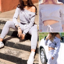 Sexy Solid Color Off Shoulder Long Sleeve Crop Tops and Pants Two-piece Set